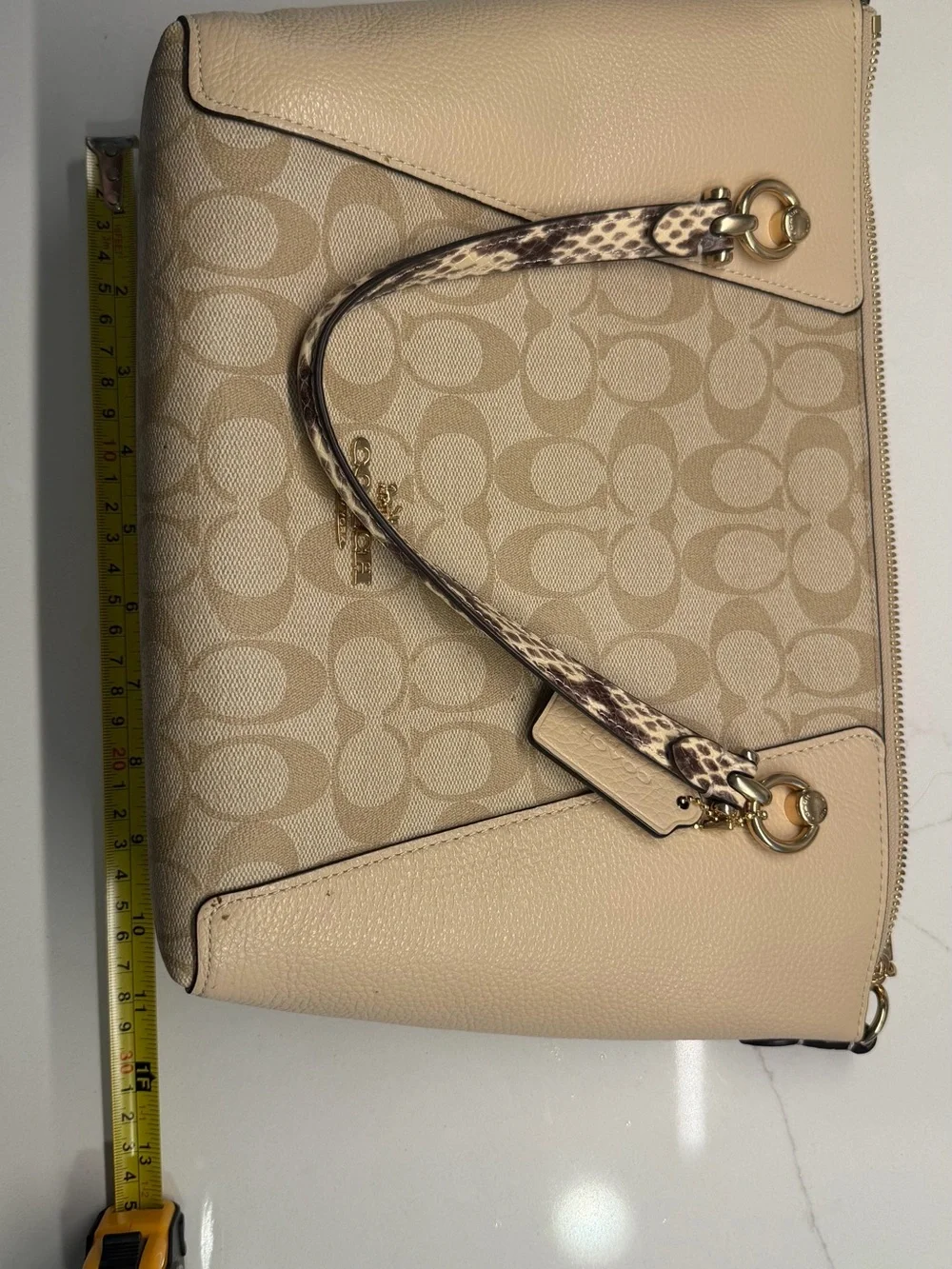Coach Beige Signature Tote with Snake-Print Handles